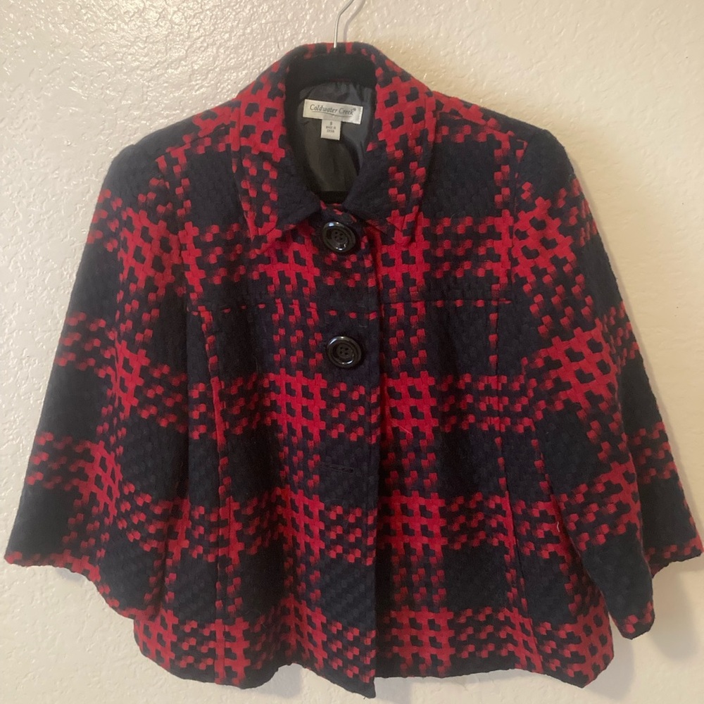 Coldwater Creek Women's Red and Black Checkered Cape